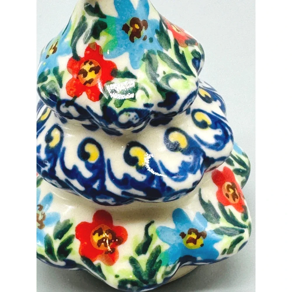 Polish Pottery Christmas Tree Ornament Figurine Floral Boleslawiec 3.25 inch